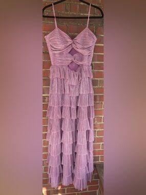 Gianni Bini Metallic Lavender Tiered Ruffle Maxi Dress